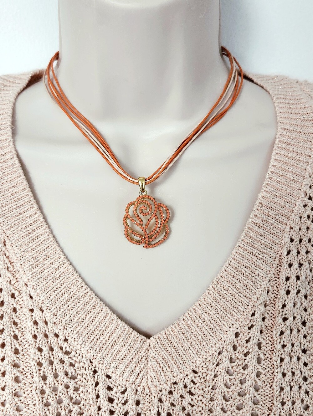 VCLM Rose Multi-Strand Coral Pendant Cord Necklace - Picture 8 of 8